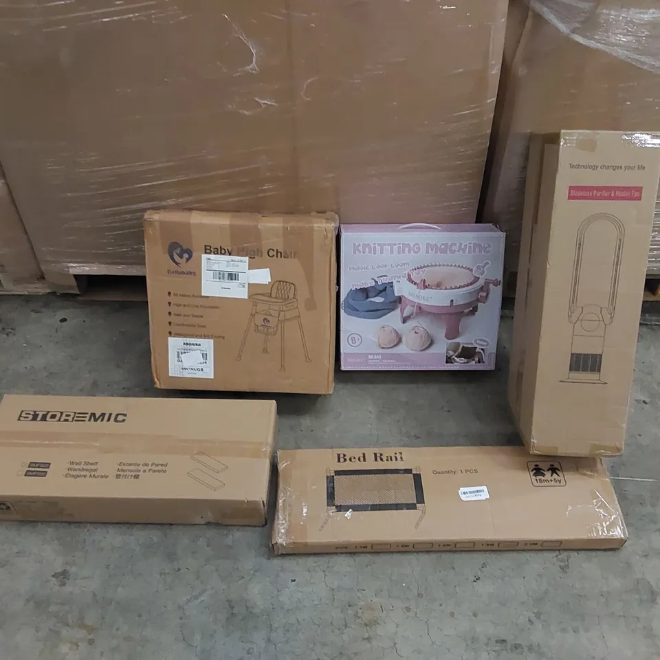 PALLET OF ASSORTED ITEMS INCLUDING: BLADELESS PURIFIER & HEATER, BABY HIGH CHAIR, BED RAIL, KNITTING MACHINE, WALL SHELF