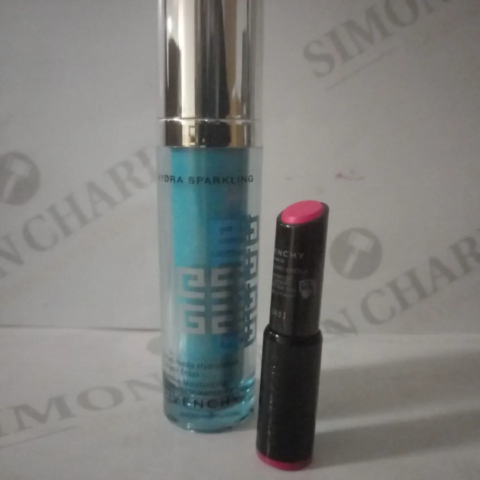 BOX OF APPROX 10 ASSORTED GIVENCHY TESTER PRODUCTS TO INCLUDE HYDRA SPARKLING SERUM & LIPSTICK #ROSE SULFUREUX 