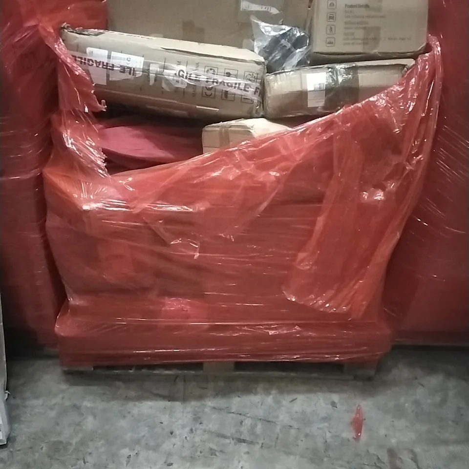 A PALLET CONTAINING ASSORTED HOUSEHOLD GOODS AND PRODUCTS TO INCLUDE; SELF INFLATING SLEEPING PAD, STORAGE CABINET, YOGA MAT, BOXED FURNITURE ETC