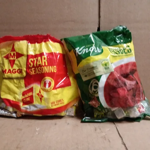 APPROXIMATELY 10 ASSORTED FOOD AND DRINK ITEMS TO INCLUDE MAGGI STAR SEASONING, KNORR SEASING CUBES, ETC