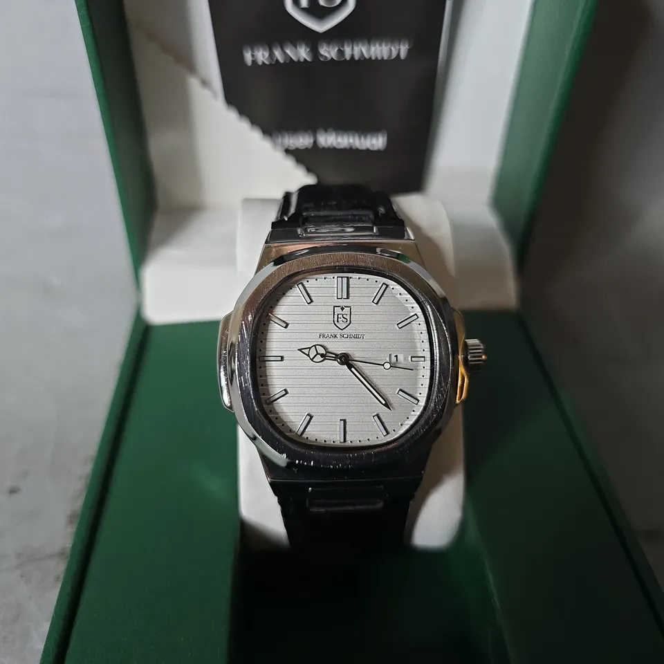 FRANK SCHMIDT WATCH – TEXTURED DIAL WITH DATE – LEATHER STRAP- 3ATM WATER RESISTANT – GIFT BOX 