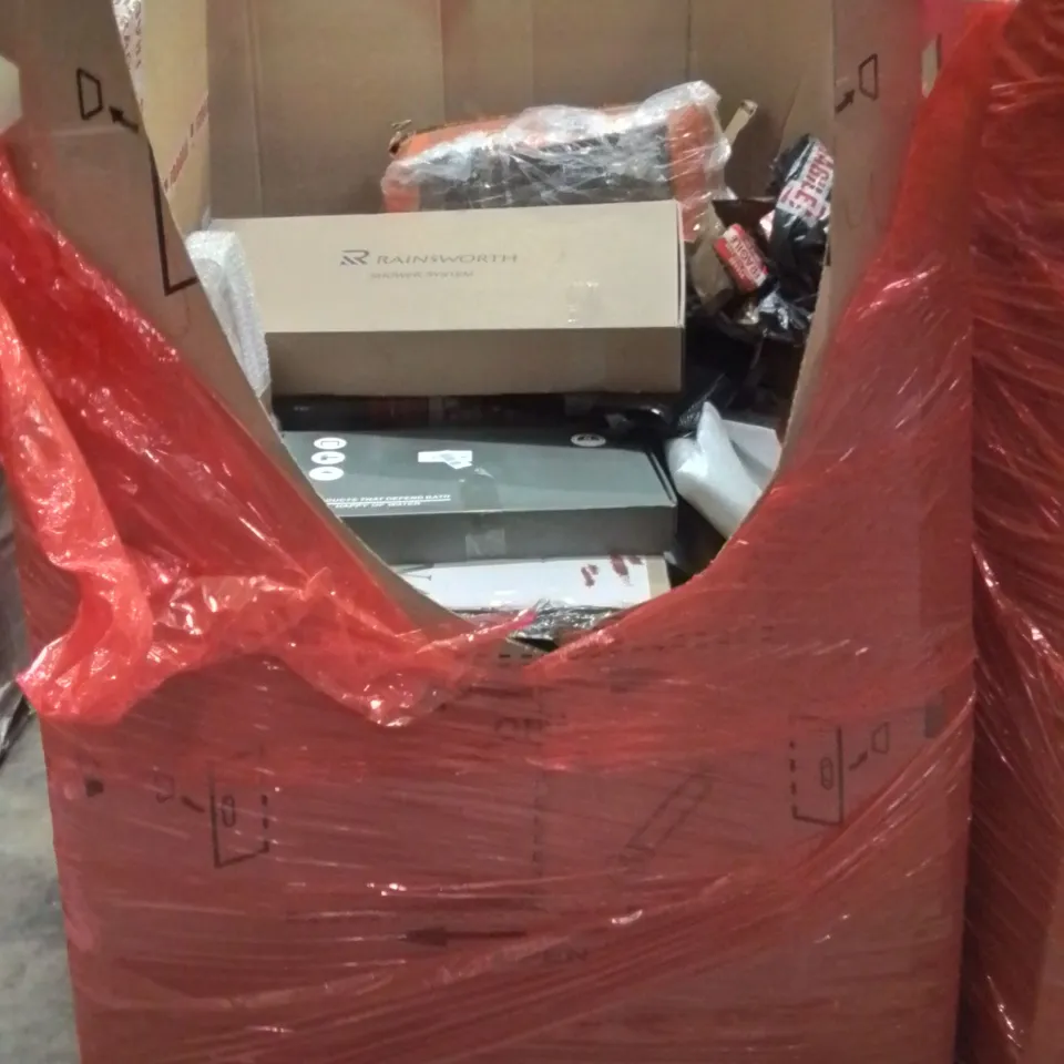 PALLET CONTAINING VARIOUS ASSORTED BOXED HOUSEHOLD ITEMS TO INCLUDE: SHOWER SYSTEM, TAPS AND LOTS MORE UNMARKED BOXED ITEMS 