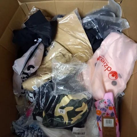 BOX OF ASSORTED CLOTHING ITEMS TOO INCLUDE DRESSES , SHIRTS AND TROUSERS IN VARIOUS SIZES AND COLOURS