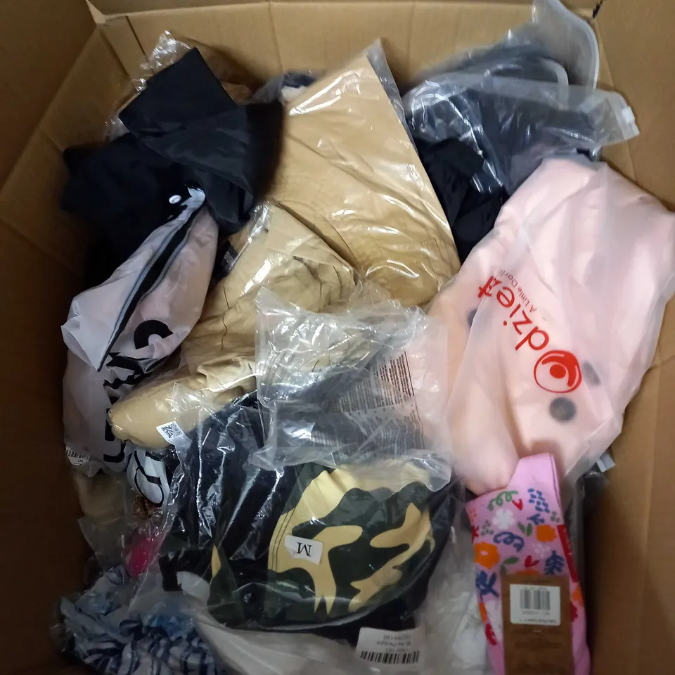  BOX OF ASSORTED CLOTHING ITEMS TOO INCLUDE DRESSES , SHIRTS AND TROUSERS IN VARIOUS SIZES AND COLOURS   