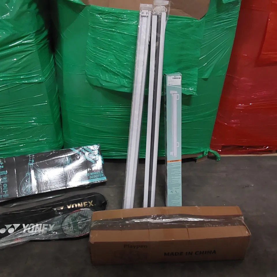 PALLET OF ASSORTED CONSUMER PRODUCTS TO INCLUDE: BIG WHEEL SCOOTERS, RETRACTABLE SAFETY GATE, ROLLER BLINDS, PLAYPEN, BADMINTON RACKET ECT