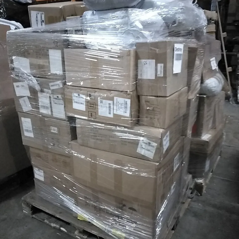 PALLET OF HOUSEHOLD ITEMS TO INCLUDE MOUSE TRAPS, MAX GUMMIES, TV STAND, BALANCE BIKE AND OTHER ASSORTED ITEMS...