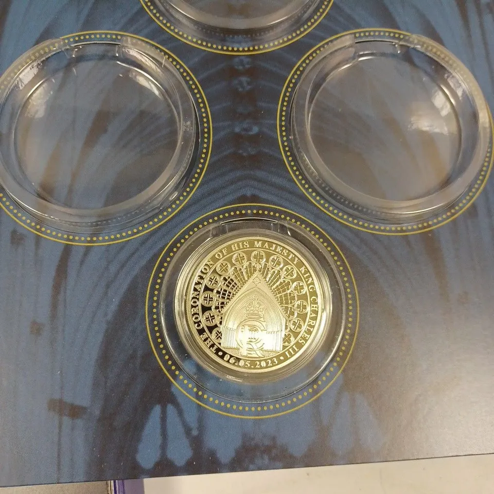 BOX TO CONTAIN APPROX. 7 X COLLECTABLE COIN FOLDERS. ONE COIN IN EACH COLLECTING FOLDER.