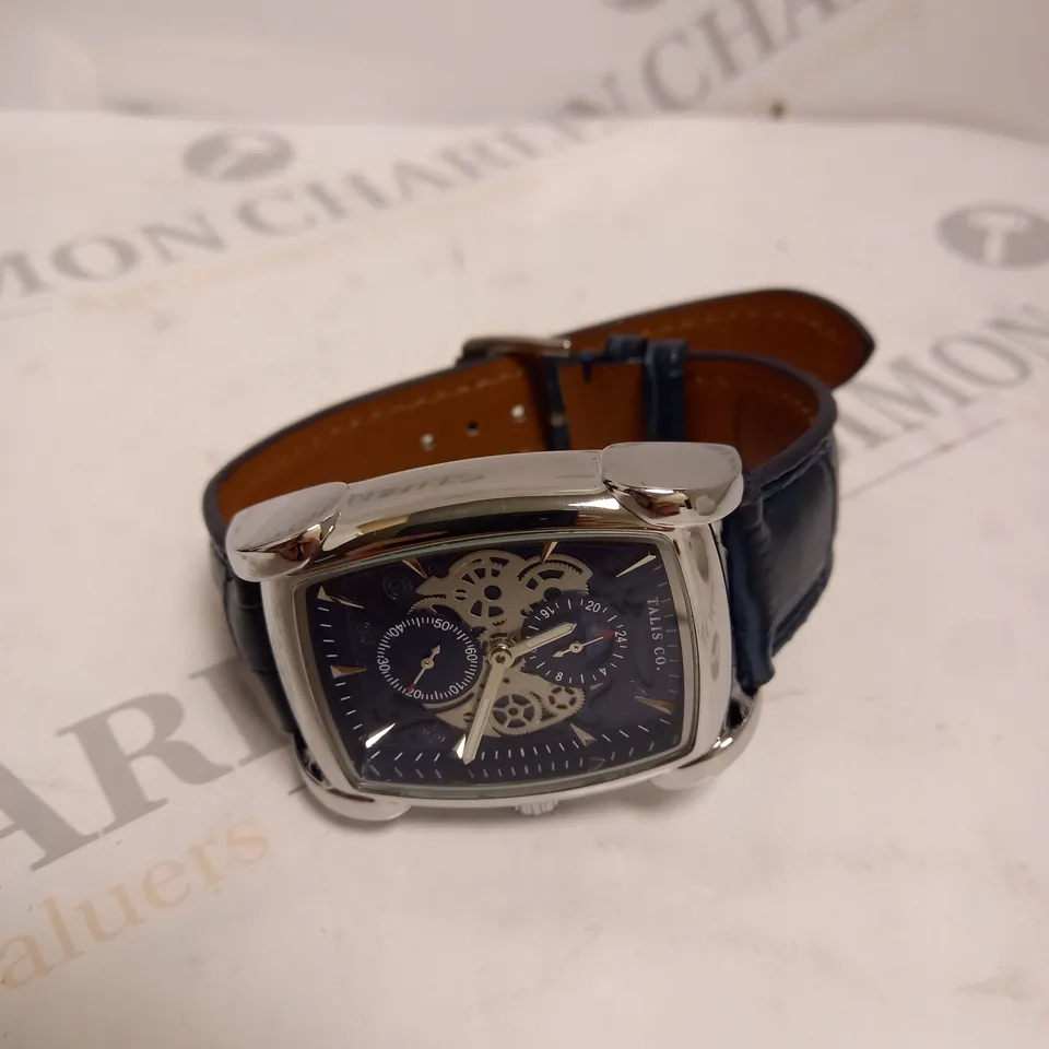TALIS CO SKELETON DIAL NAVY LEATHER STRAP WATCH