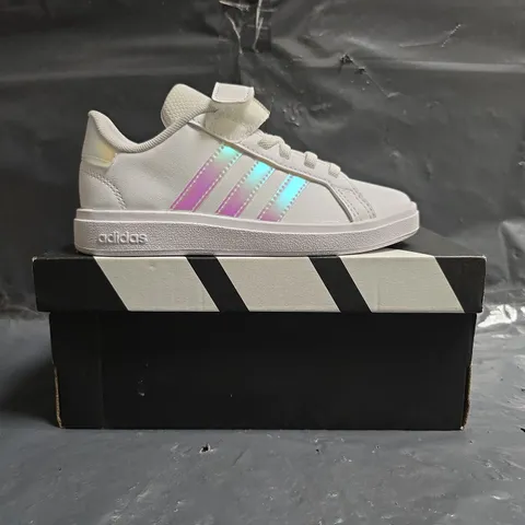 BOXED PAIR OF ADIDAS GRAND COURT 2.0 KIDS SHOES IN WHITE/PRISMATIC SIZE UK 11