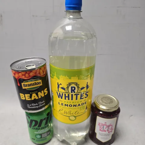 APPROXIMATELY 10 ASSORTED FOOD & DRINK ITEMS TO INCLUDE - R WHITES LEMONADE , BRANSTON BEANS , SPRITE ZERO SUGAR ETC
