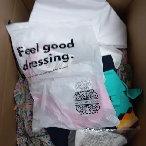 LARGE BOX OF APPROXIMATELY 25 ASSORTED CLOTHING ITEMS IN VARIOUS COLOURS, STYLES AND SIZES - COLLECTION ONLY