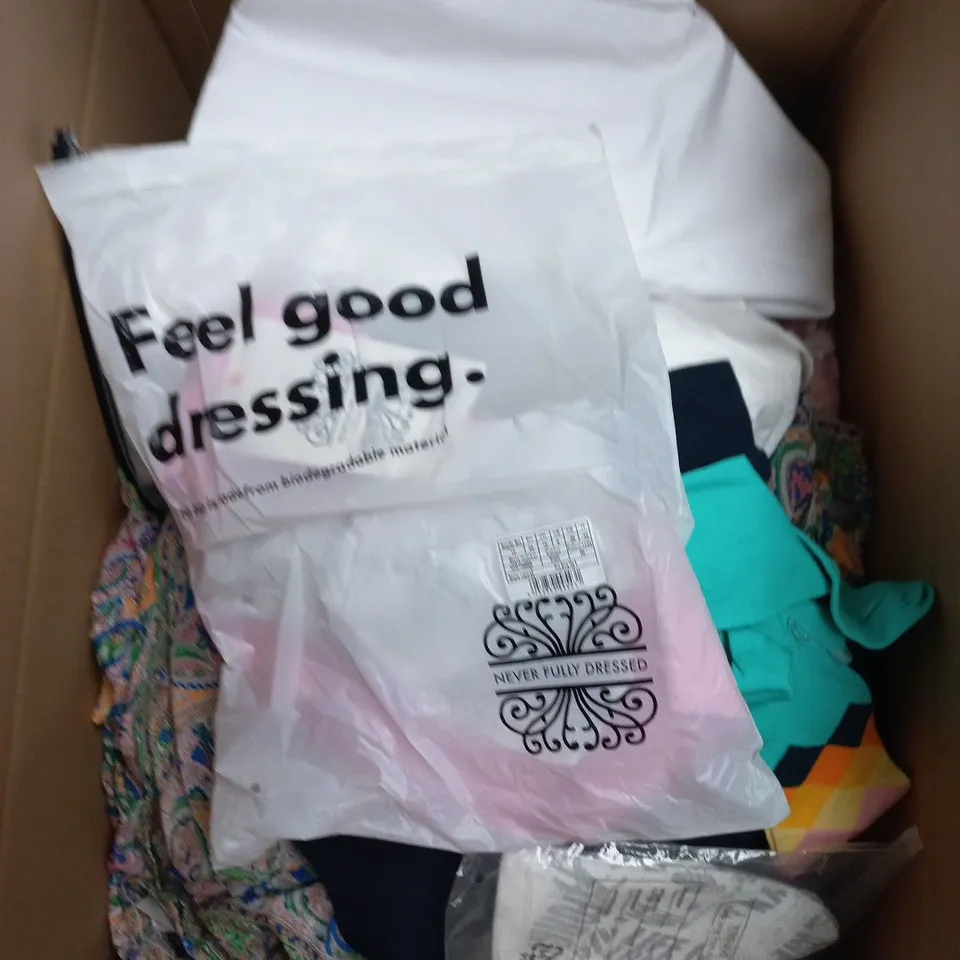LARGE BOX OF APPROXIMATELY 25 ASSORTED CLOTHING ITEMS IN VARIOUS COLOURS, STYLES AND SIZES - COLLECTION ONLY