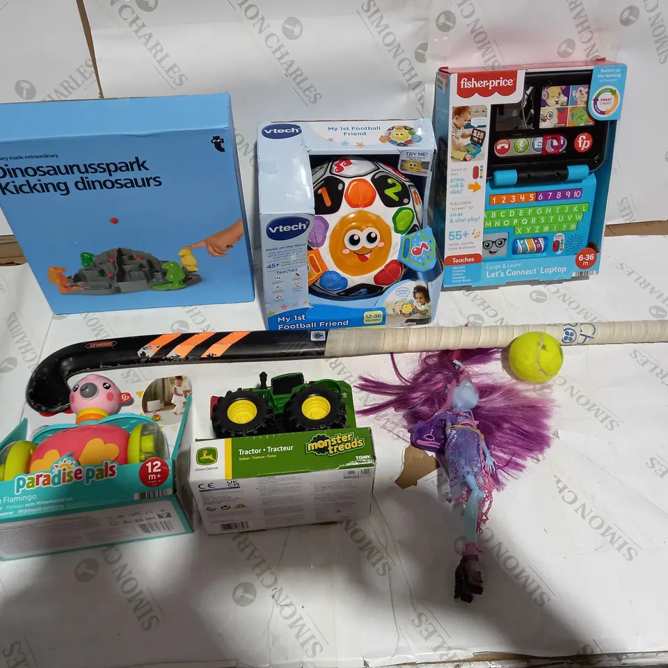 LOT OF APPROX 8 ASSORTED TOYS AND GAMES TO INCLUDE HOCKEY STICK, BABY TOYS, BOARD GAME ETC