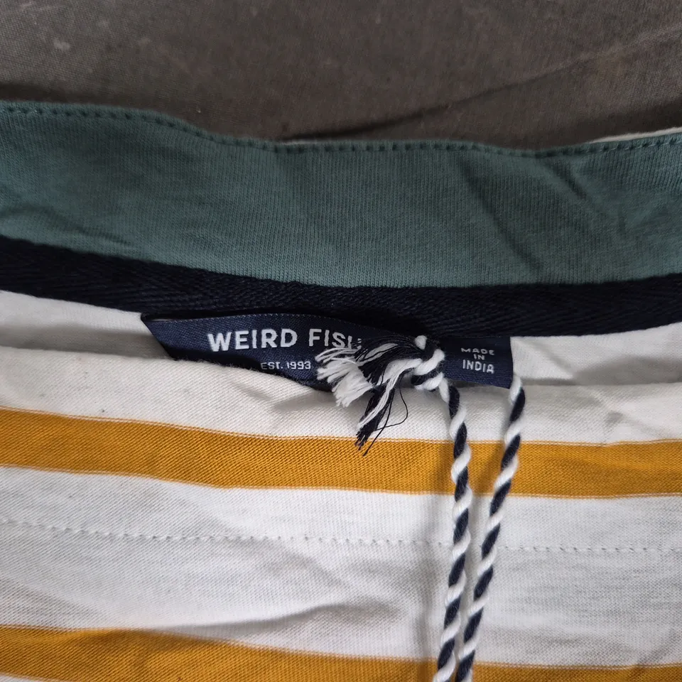 UK 12 WEIRD FISH STRIPED JERSEY TOP – WHITE & MUSTARD