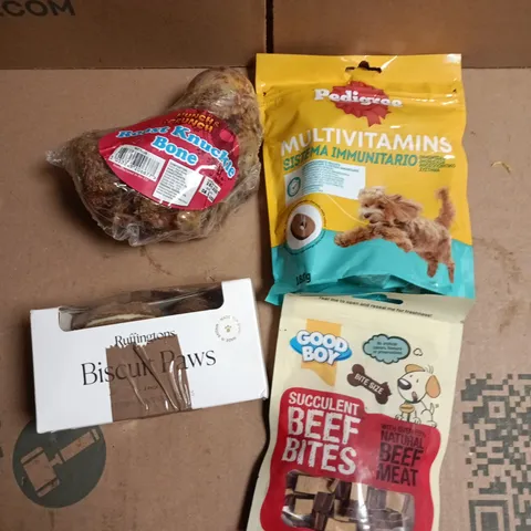 APPROXIMATELY 15 ASSORTED DOG FOOD PRODUCTS TO INCLUDE TREATS, TWISTS, MEAL CANS ETC 