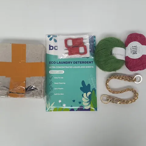 APPROXIMATELY 10 ASSORTED HOUSEHOLD ITEMS TO INCLUDE ECO LAUNDRY DETERGENT, KNITTING YARN, ETC