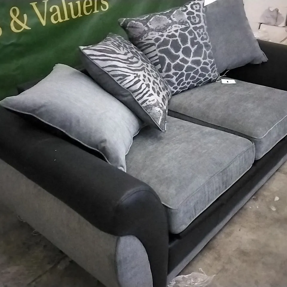 QUALITY DESIGNER GREY/BLACK FABRIC 2 SEATER SOFABED WITH SCATTERBACK CUSHIONS