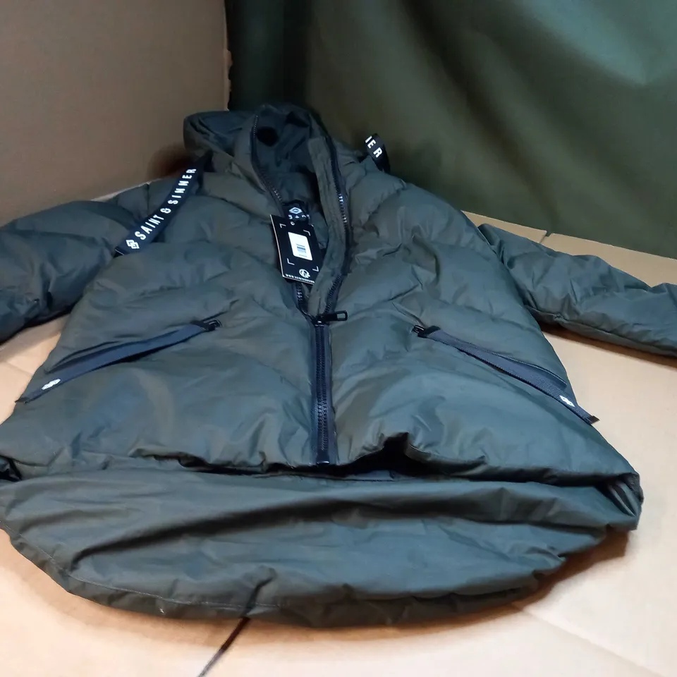 SAINT & SINNER KHAKI PADDED/HOODED COAT - SIZE 8