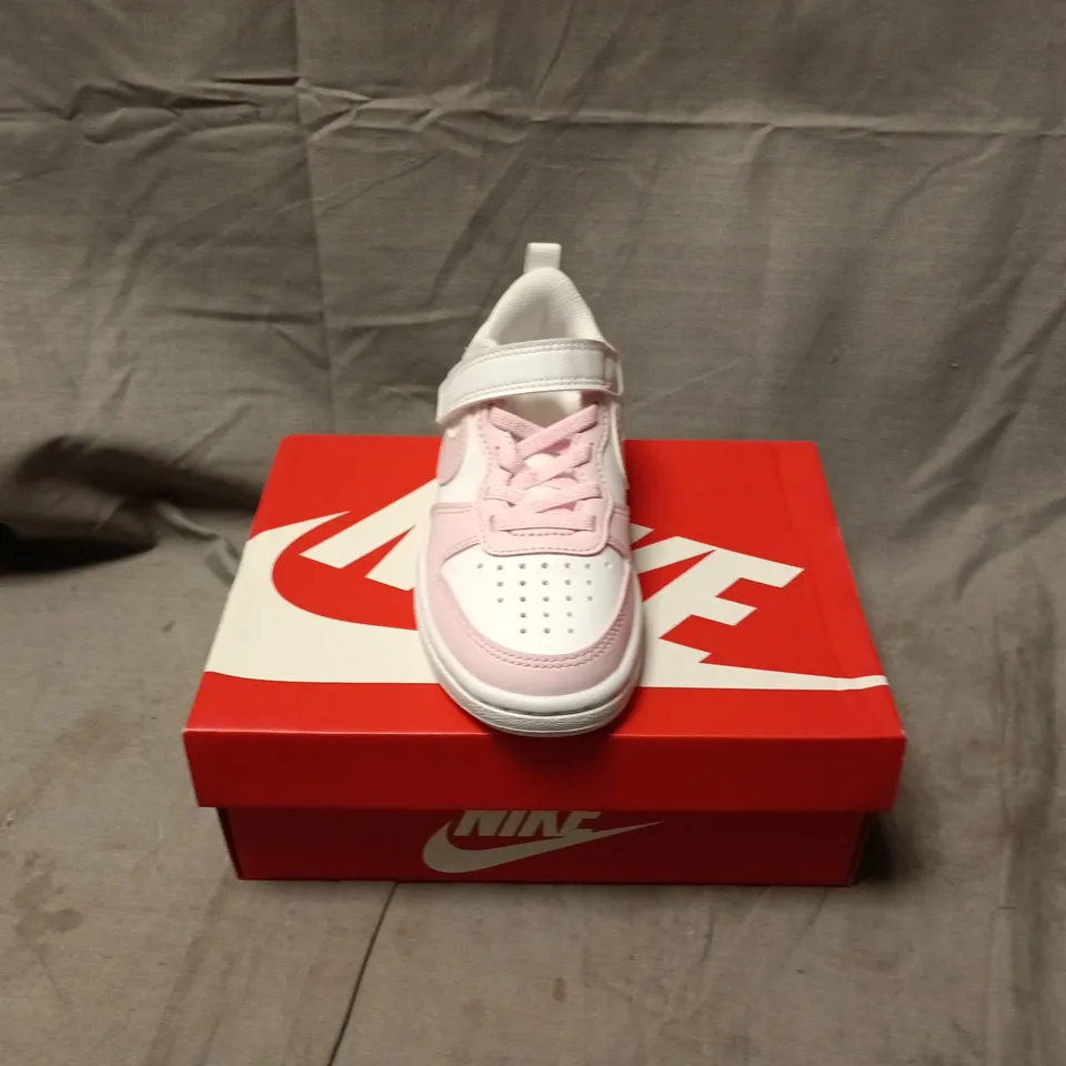 BOXED PAIR OF NIKE COURT BOROUGH LOW RECRAFT KIDS TRAINERS IN WHITE/PINK - UK 10.5