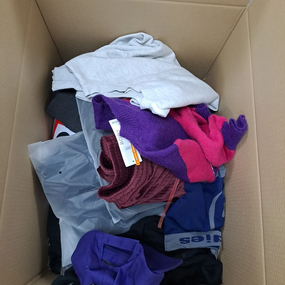 box of clothing items to include jumpers, boxers, cardigans etc 