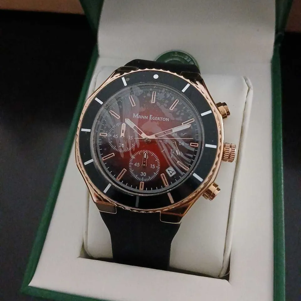 MANN EGERTON ASTRO ROSE RED WATCH – ROSE GOLD CASE, BLACK BEZEL, BLACK STRAP