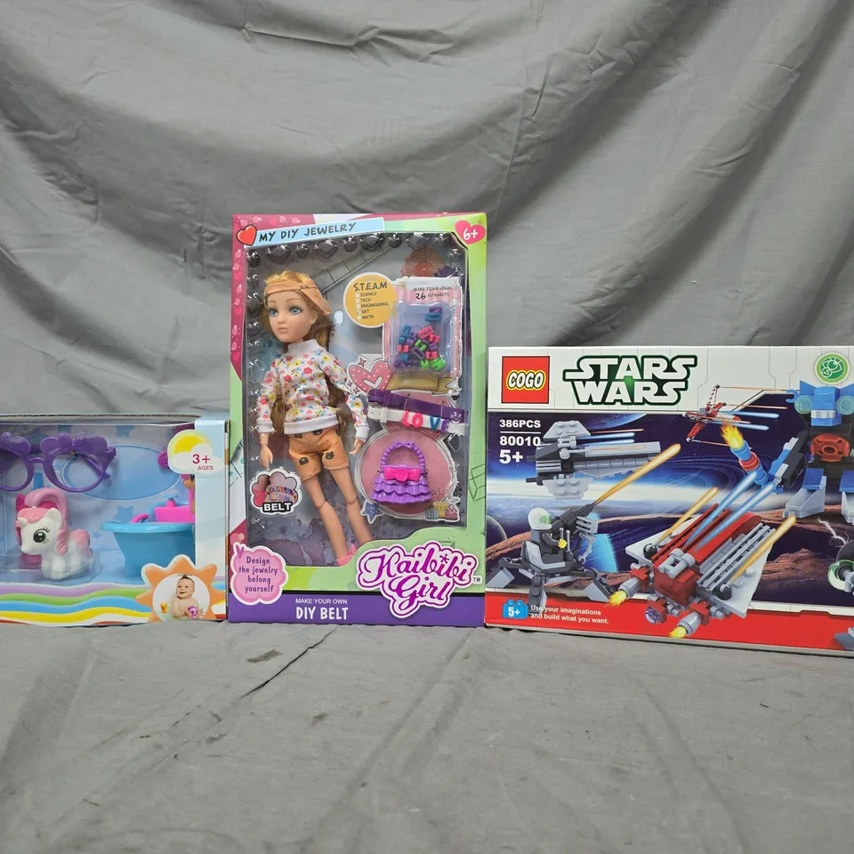 BOX OF APPROXIMATELY 10 ASSORTED TOYS AND GAMES TO INCLUDE STARS WARS SET, KAIBIBI GIRL DOLL, ETC - COLLECTION ONLY