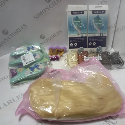 LOT OF ASSORTED COSMETIC ITEMS TO INCLUDE HAIR BRUSHES, HAIR CLIPS AND WIGS