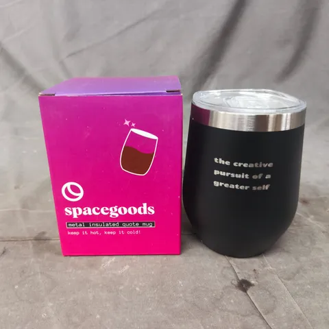 SPACEGOODS METAL INSULATED QUOTE MUG – BLACK TUMBLER WITH STAINLESS STEEL RIM (BOX INCLUDED)