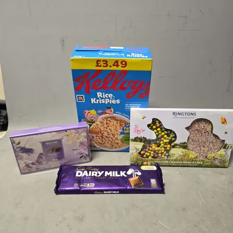 APPROXIMATELY 4 ASSORTED FOOD ITEMS TO INCLUDE - RICE KRISPIES , CADBURY DAIRY MILK , RINGTONS SWISS MILK CHOCOLATE ETC
