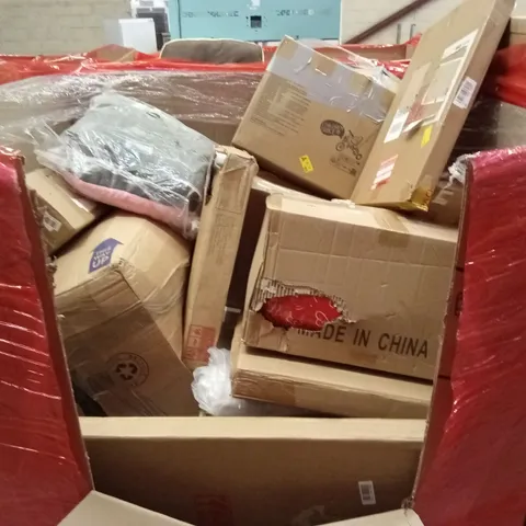 PALLET OF ASSORTED HOUSEHOLD GOODS AND PRODUCTS TO INCLUDE; CHILDREN'S TRIKE, BLINDS, BOXED FURNITURE ETC