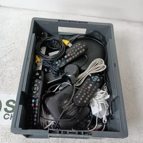 BOX CONTAINING A MIX OF APPROXIMATELY 15 ASSORTED HOUSEHOLD ITEMS INCLUDING REMOTES, ROUTER, WIRING ETC. 