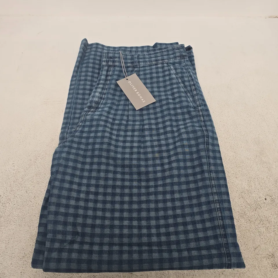 OLIVER BONAS BLUE CHECKED WIDE LEG TROUSERS, UK 8