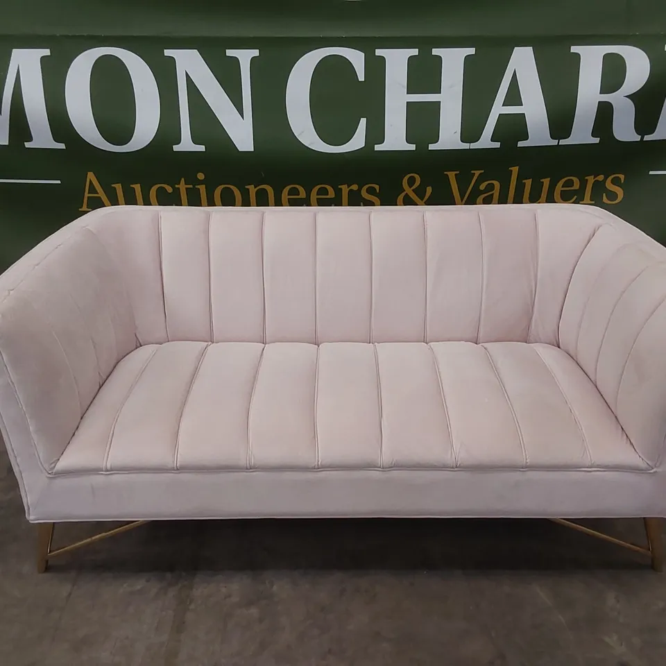 DESIGNER PLUSH PINK VELVET UPHOLSTERED SOFA WITH GOLD LEGS 