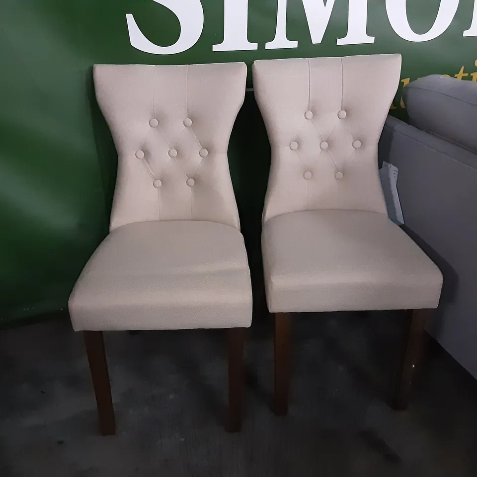 DESIGNER PAIR OF BEIGE FABRIC DINING CHAIRS