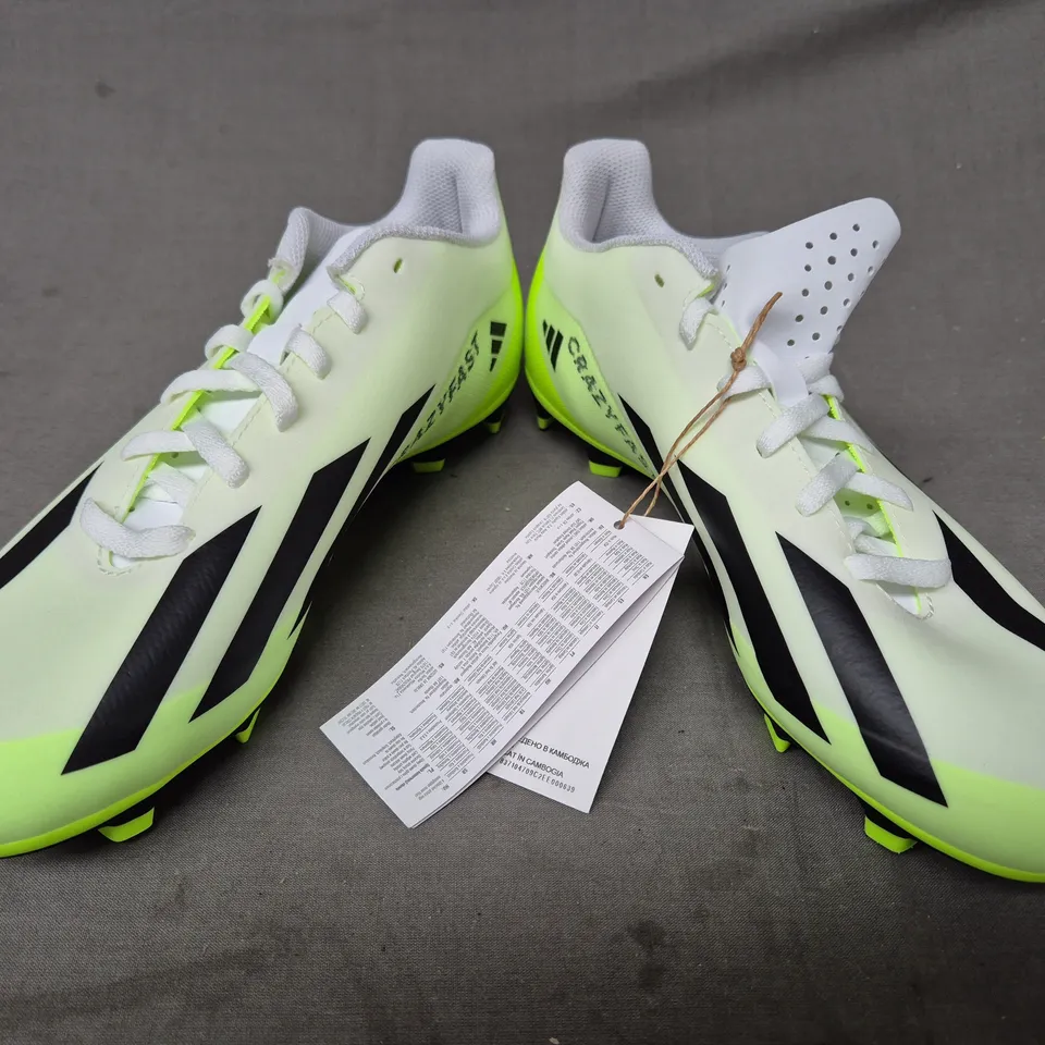 BOXED PAIR OF ADIDAS X CRAZYFAST.4 FOOTBALL BOOTS IN WHITE/LIME/BLACK UK SIZE 6.5