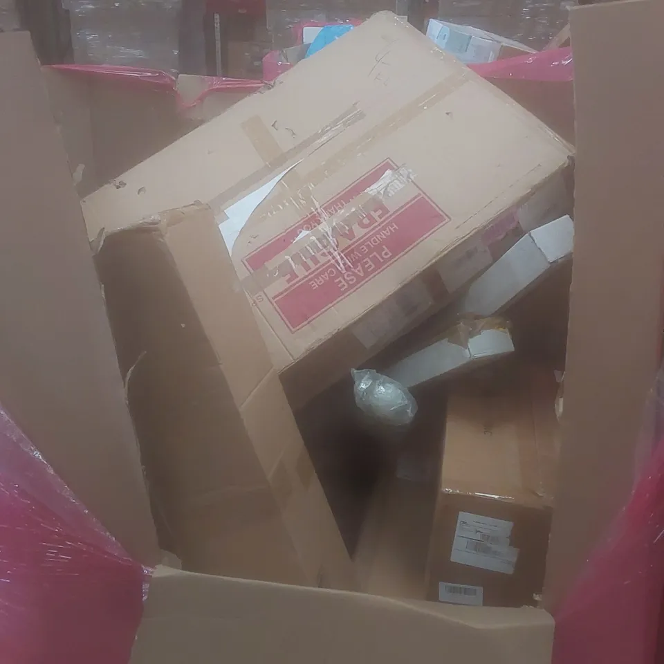 PALLET OF ASSORTED HOUSEHOLD GOODS AND PRODUCTS TO INCLUDE; RAINSWORTH SHOWER SYSTEM, ELECTRIC FRYER, BOXED FURNITURE ETC 