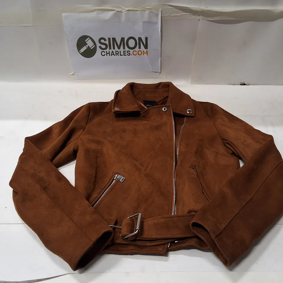 NEW LOOK WOMEN'S BROWN FAUX SUEDE-LOOK BIKER JACKET, UK 10