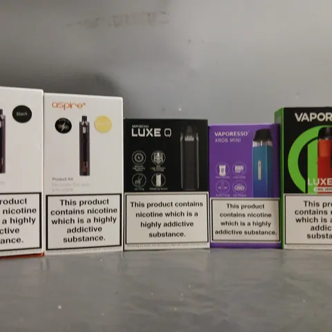 BOX OF APPROXIMATELY 18 ASSORTED E-CIGARETTES TO INCLUDE VOOPOO, VAPORESSO, ASPIRE 