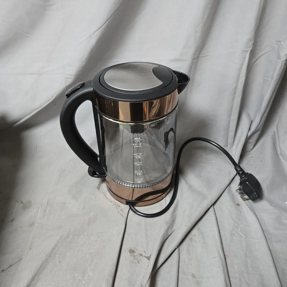 ELECTRIC KETTLE WITH GLASS BODY AND COPPER TRIM – BLACK HANDLE