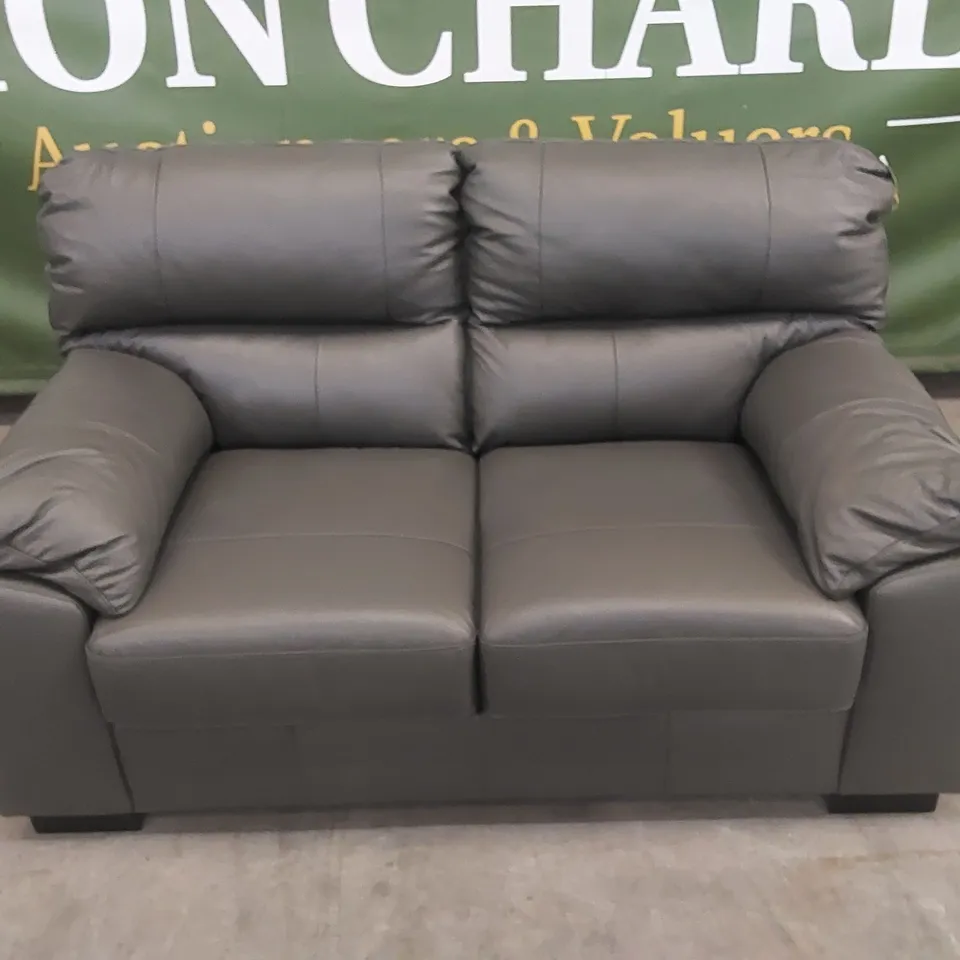 DESIGNER AMBROSE LEATHER 2 SEATER SOFA - ELEPHANT GREY