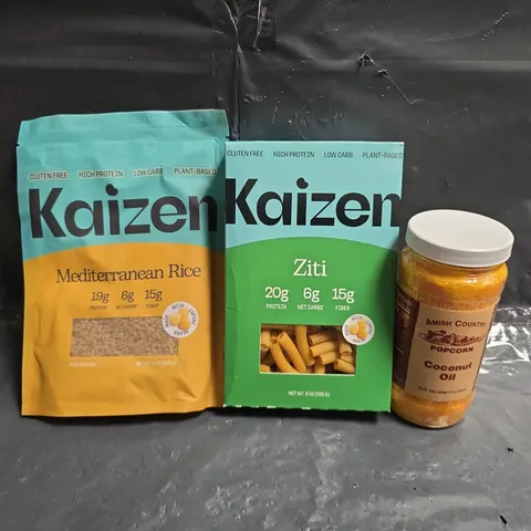 TOTE OF APPROX 5 ASSORTED FOOD ITEMS TO INCLUDE KAIZEN MEDITERRANEAN RICE & KAIZEN ZITI PASTA WITH AMISH COUNTRY COCONUT OIL 