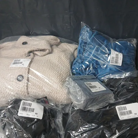 APPROXIMATELY 12 ASSORTED CLOTHING ITEMS IN VARIOUS SIZES, STYLES & COLOURS TO INCLUDE PJ SETS, BUTTON COAT, LEATHER PURSE, ETC