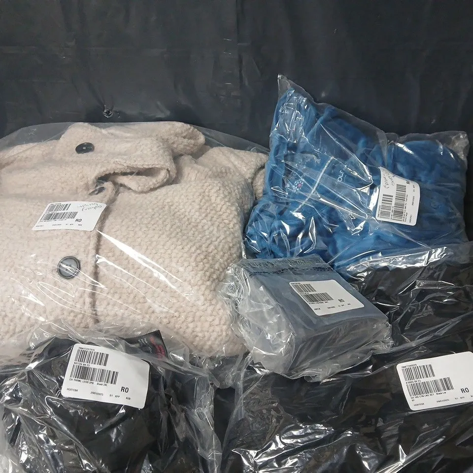 APPROXIMATELY 12 ASSORTED CLOTHING ITEMS IN VARIOUS SIZES, STYLES & COLOURS TO INCLUDE PJ SETS, BUTTON COAT, LEATHER PURSE, ETC
