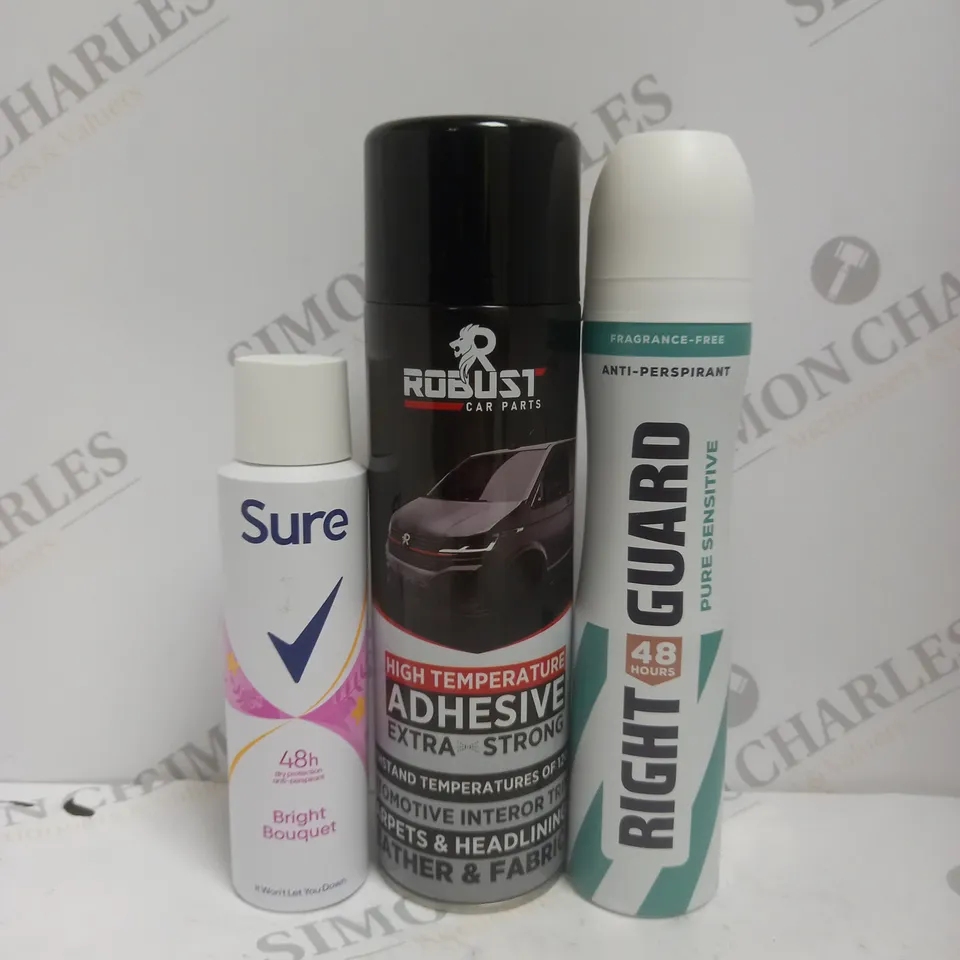 BOX OF APPROX 10 ASSORTED AEROSOLS TO INCLUDE - ROBUST HIGH TEMP ADHESIVE - SURE BRIGHT BOUQUET - RIGHT GAURD ECT
