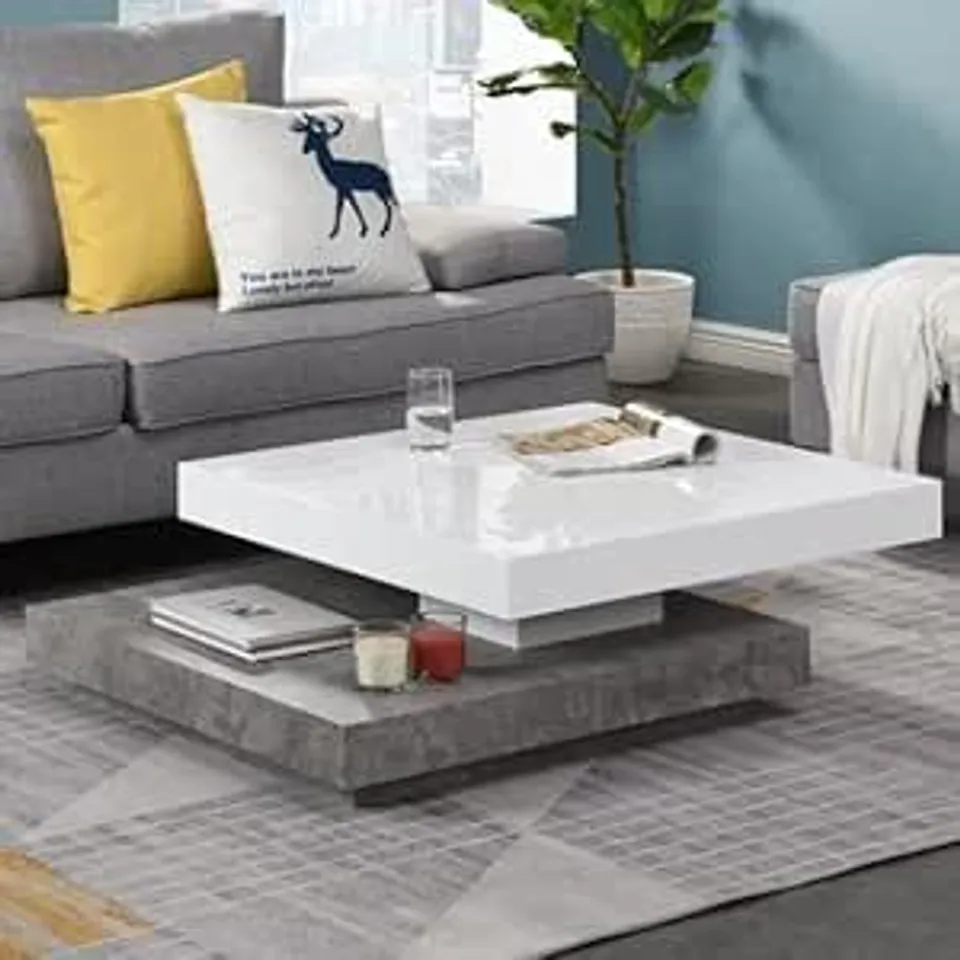 BOXED HUGO ROTATING GLOSS COFFEE TABLE IN WHITE AND CONCRETE EFFECT (2 BOXES)