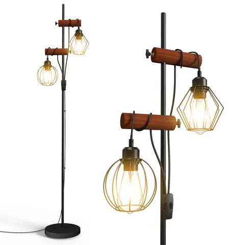 BOXED 2 LIGHT VINTAGE FLOOR LAMP INDUSTRIAL STANDING READING LIGHT LIVING ROOM BEDROOM