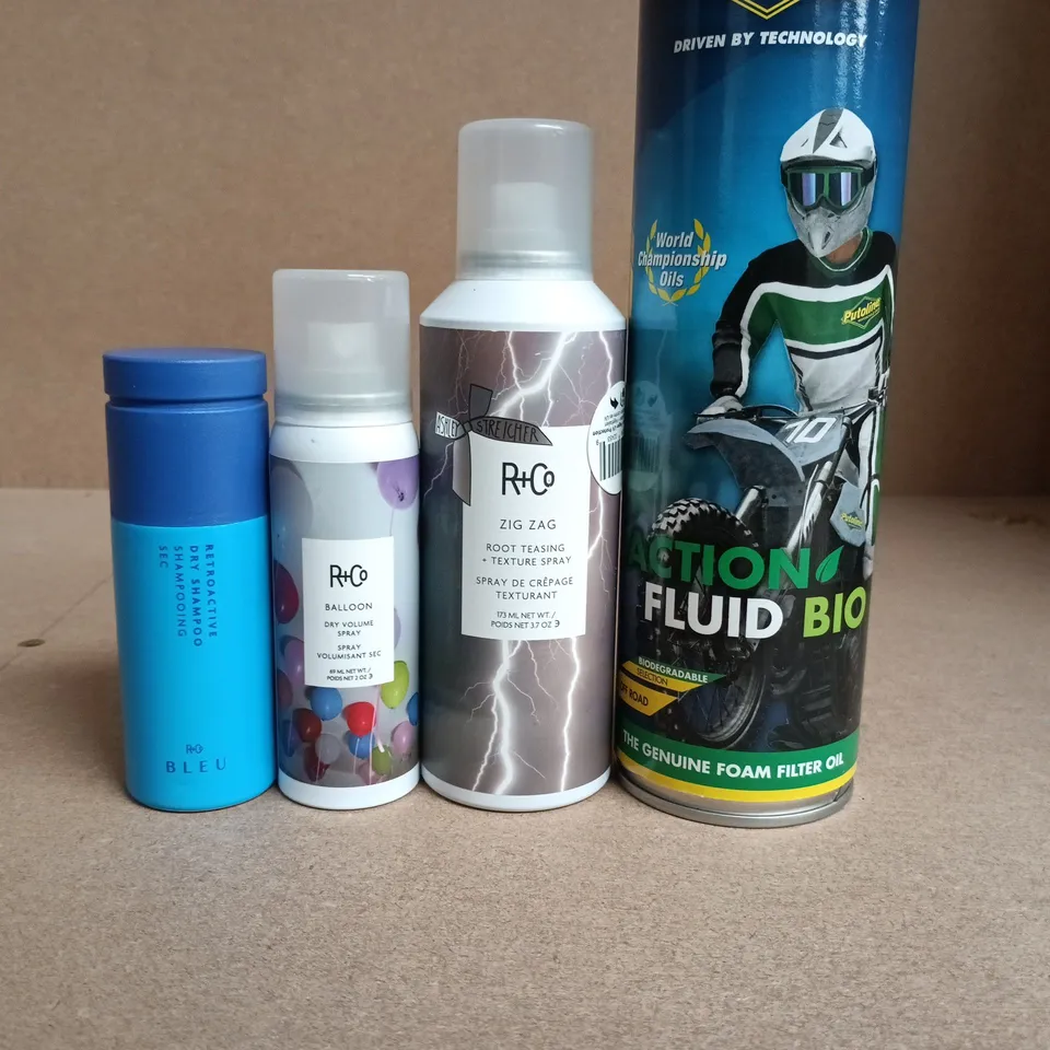 APPROXIMATELY 15 ASSORTED AEROSOLS TO INCLUDE ACTION FLUID BIO , R+CO AND AIR FRESHENER
