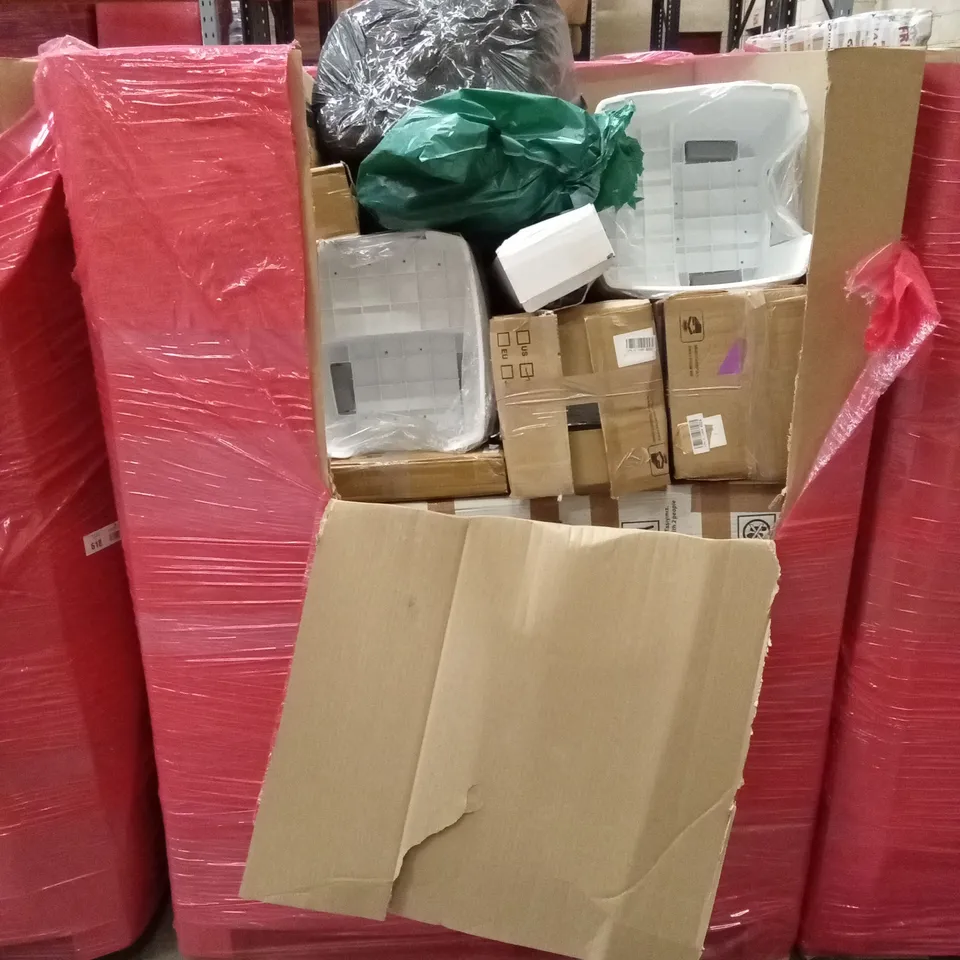 PALLET OF ASSORTED HOUSEHOLD GOODS AND PRODUCTS TO INCLUDE; AIR COOLERS, STEP STOOLS, BOXED FURNITURE ETC 