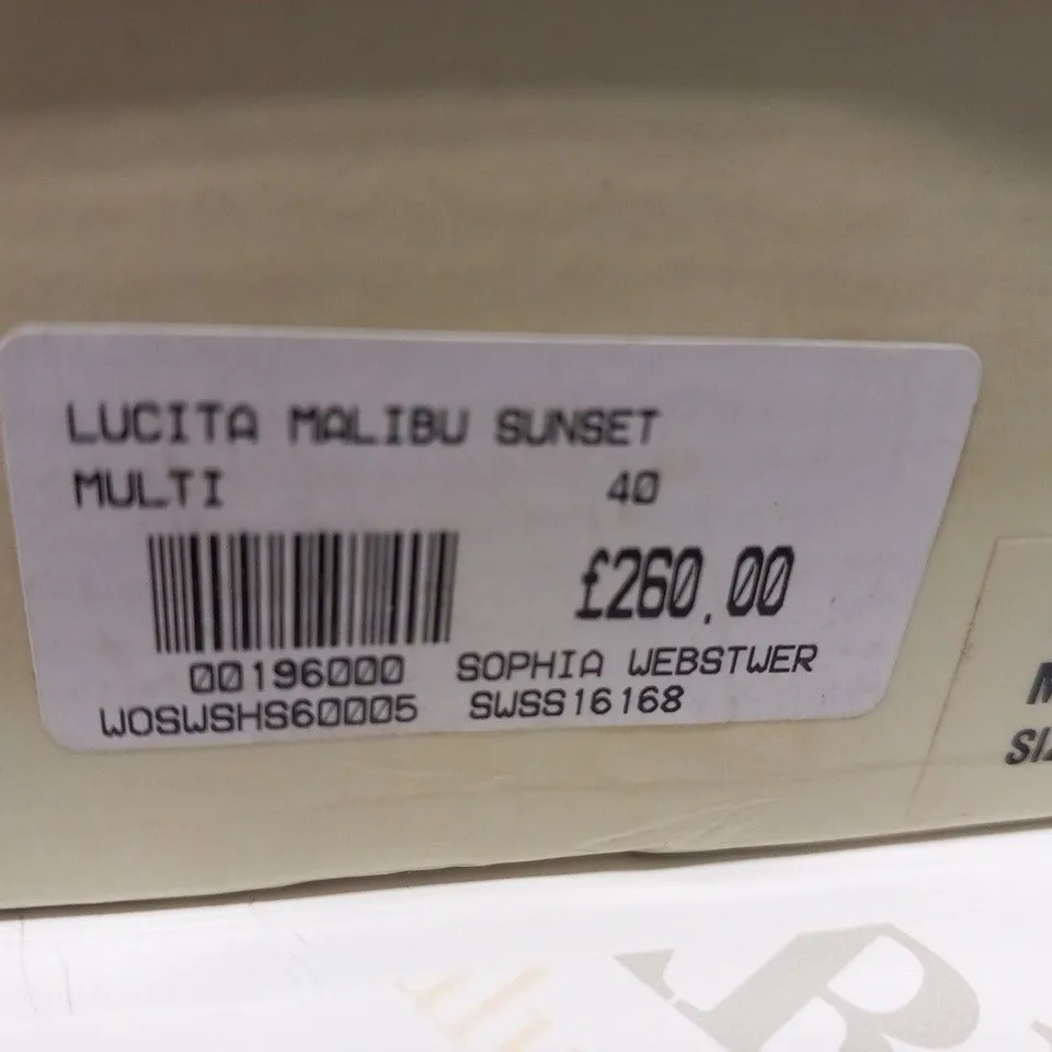 BOXED PAIR OF SOPHIA WEBSTER LUCITA MALIBU SUNSET MULTI SIZE 40