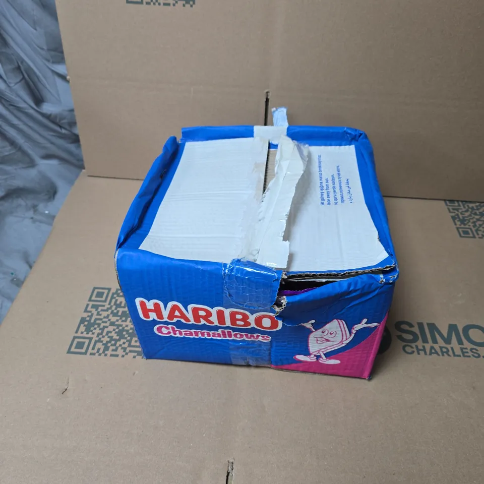 BOX OF APPROXIMATELY 24 BAGS OF HARIBO CHAMALLOWS - EXPIRY DATE 2026 
